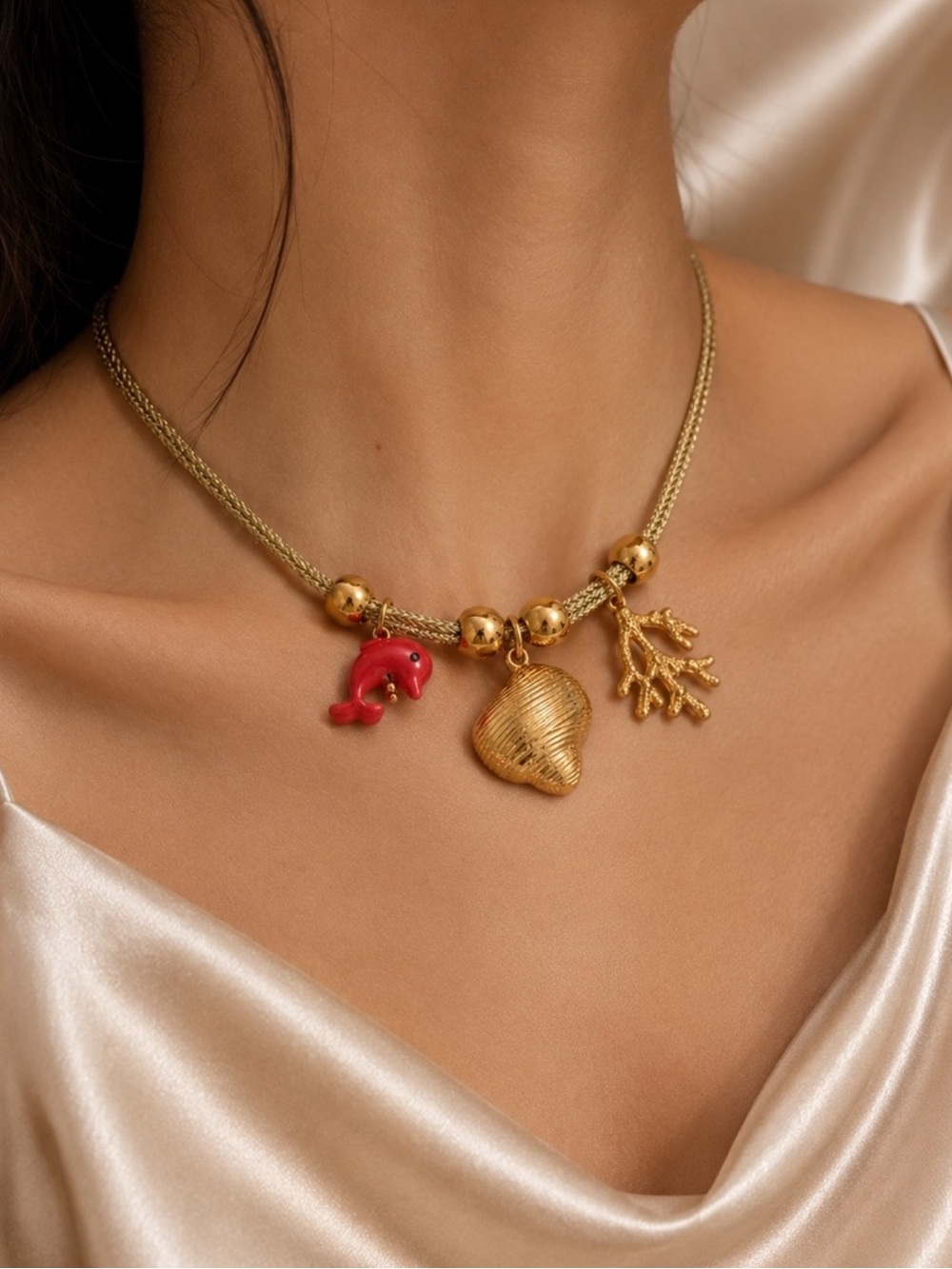 Treasure Dolphin and Shell Gold-Tone Beach Charm Necklace